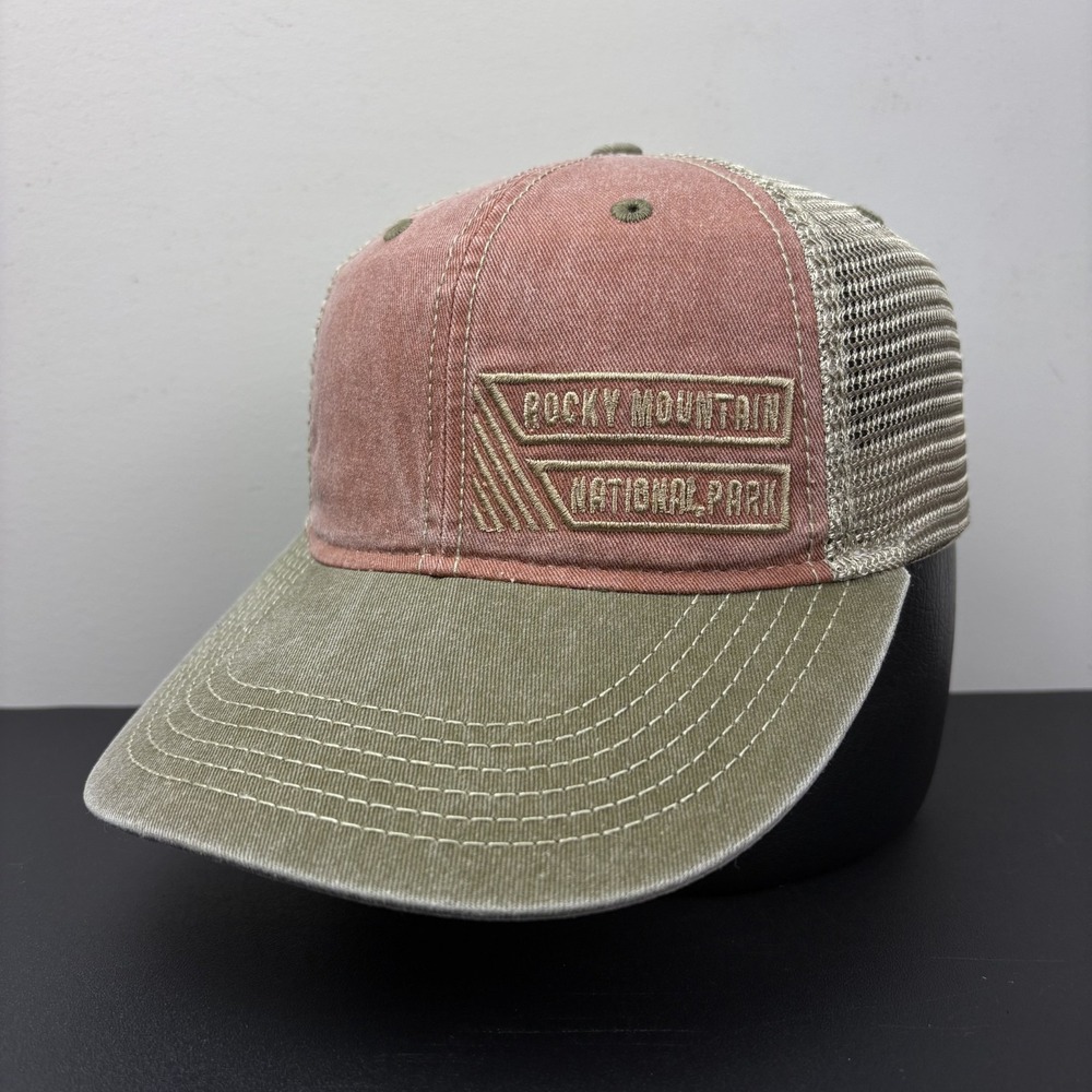 Rocky Mountain National Park Washed Trucker Snapback Hat Faded Red Olive Cap